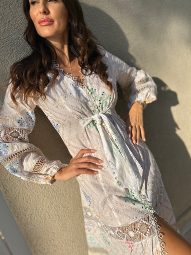 Long sleeve embroidered maxi dress with v neckline