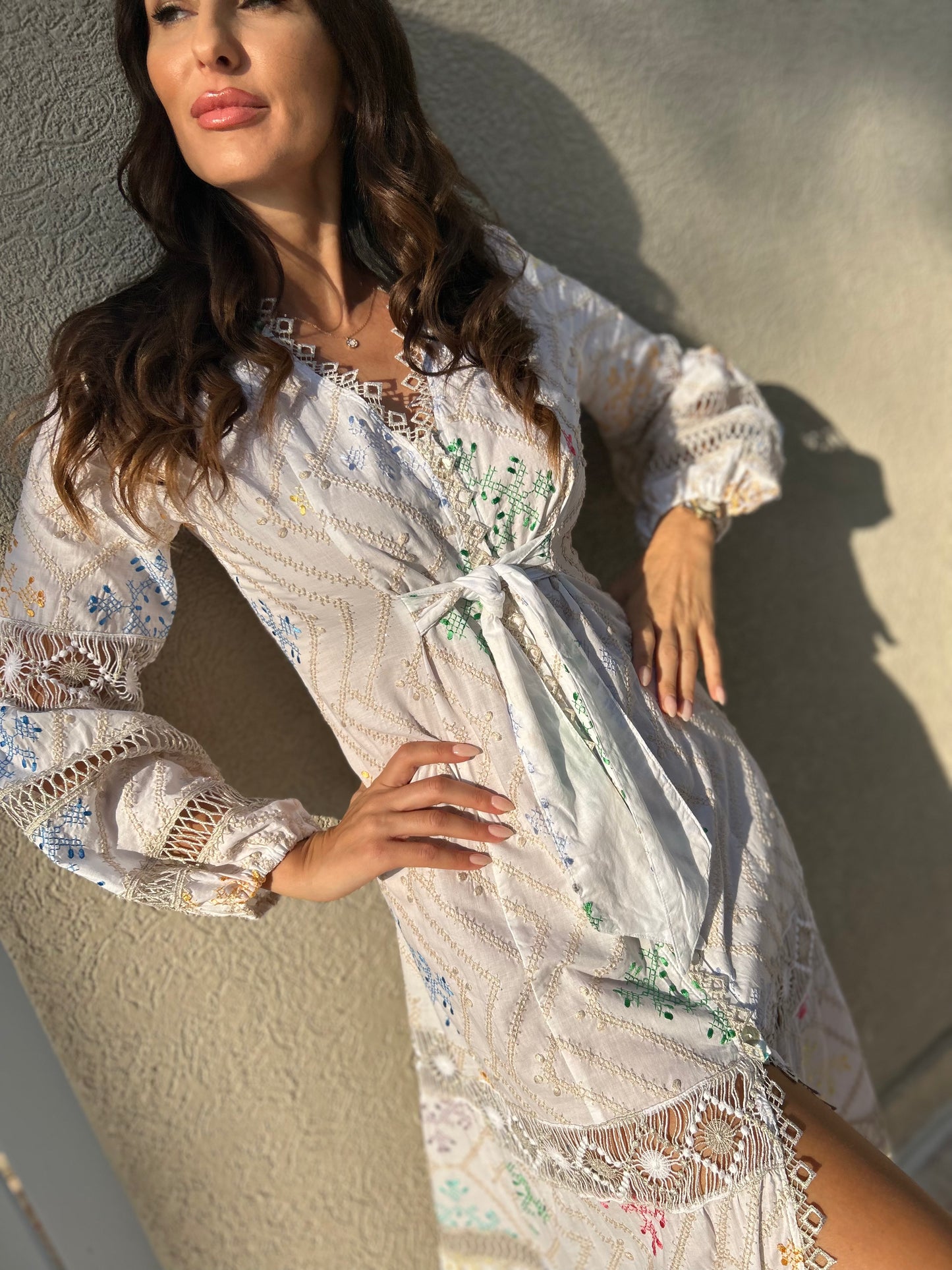 Load image into Gallery viewer, Long sleeve embroidered maxi dress with v neckline
