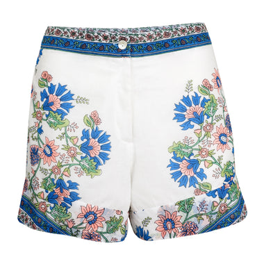 High Waisted Shorts In Rose Border Print - Lined White/Sapphire/Coral - Shorts