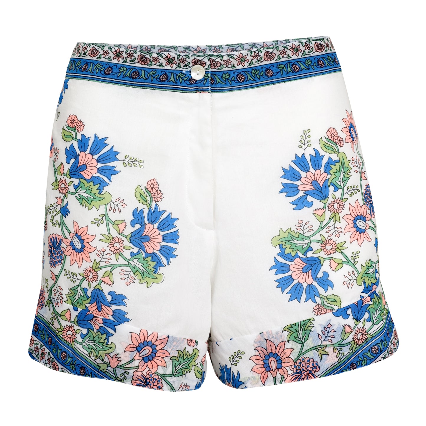 Load image into Gallery viewer, High Waisted Shorts In Rose Border Print - Lined White/Sapphire/Coral - Shorts
