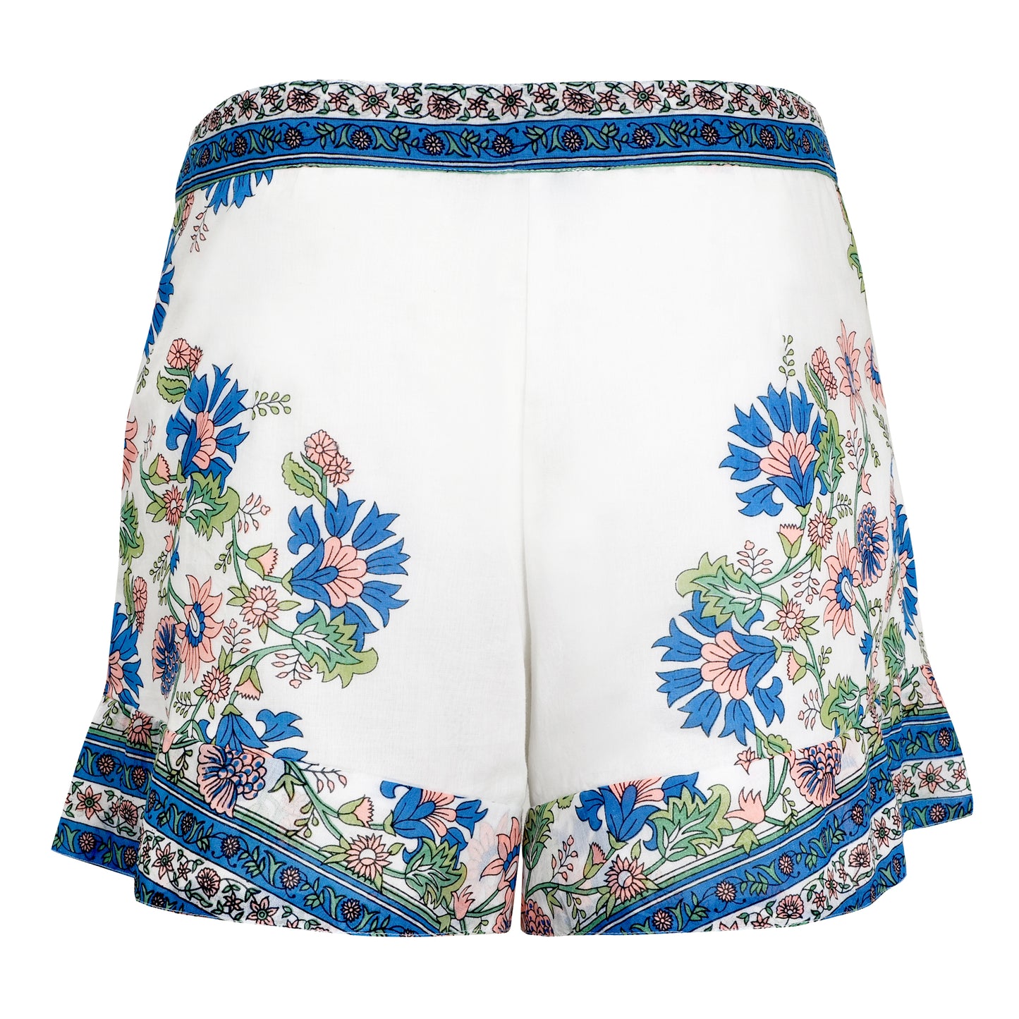 Load image into Gallery viewer, High Waisted Shorts In Rose Border Print - Lined White/Sapphire/Coral - Shorts
