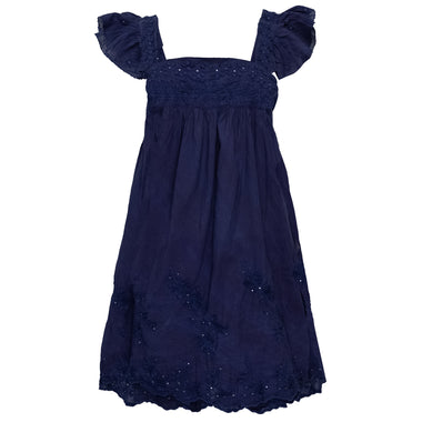 Acid Wash Baby Doll Dress With Tonal Lotus Embroidery Indigo - Dress