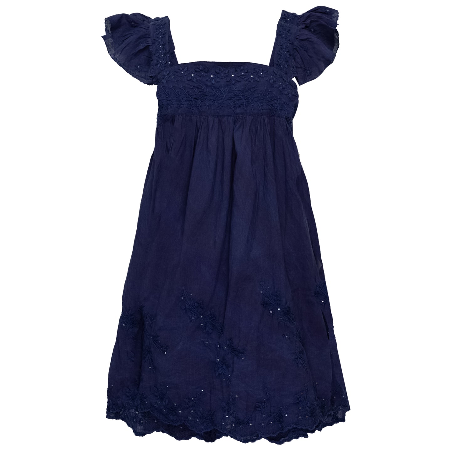 Load image into Gallery viewer, Acid Wash Baby Doll Dress With Tonal Lotus Embroidery Indigo - Dress
