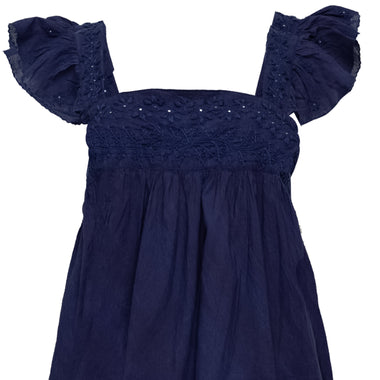 Acid Wash Baby Doll Dress With Tonal Lotus Embroidery Indigo - Dress