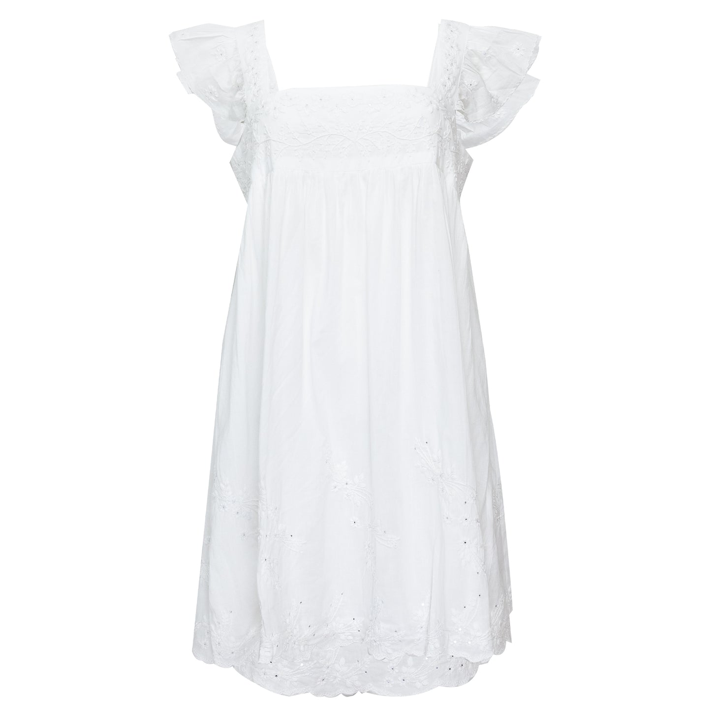Acid Wash Baby Doll Dress With Tonal Lotus Embroidery Indigo