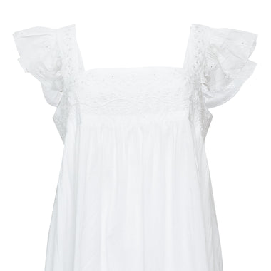 Acid Wash Baby Doll Dress With Tonal Lotus Embroidery White - Dress