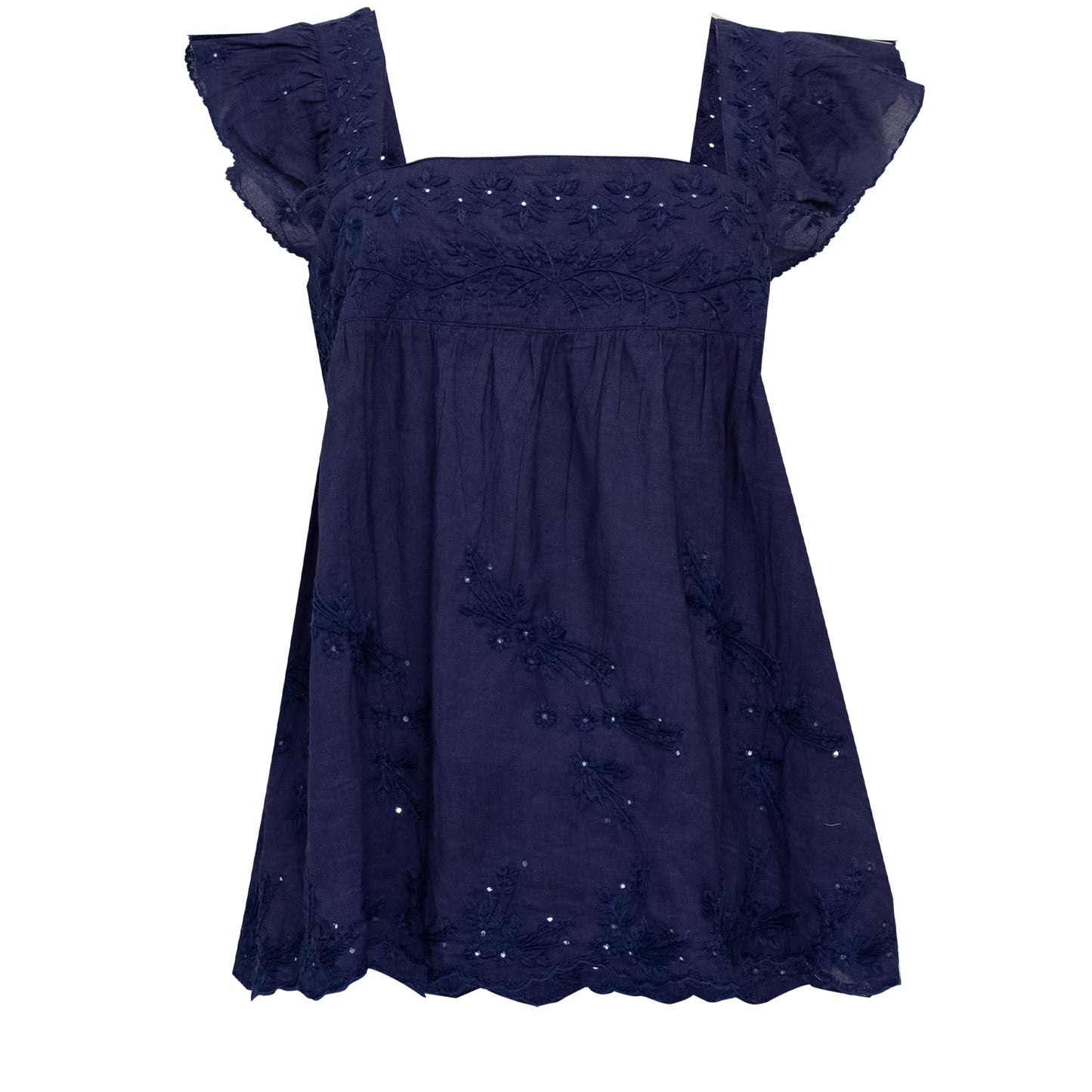 Load image into Gallery viewer, Acid Wash Baby Doll Top With Tonal Lotus Embroidery Indigo - Top
