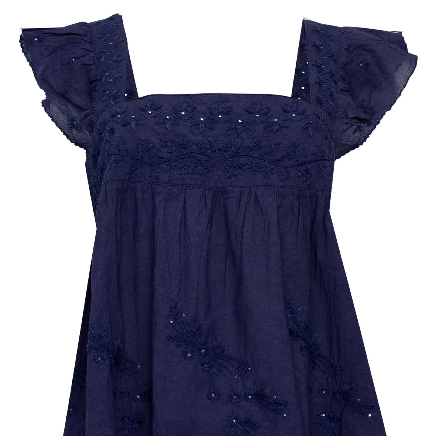 Load image into Gallery viewer, Acid Wash Baby Doll Top With Tonal Lotus Embroidery Indigo - Top
