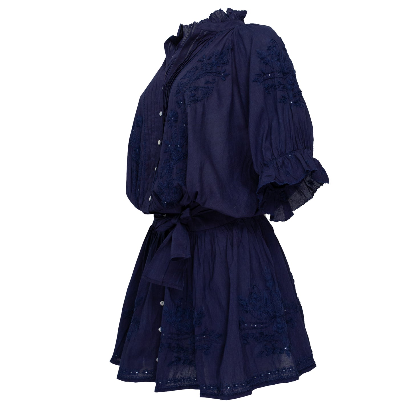 Acid Wash Blouson Dress With Tonal Lotus Embroidery Indigo