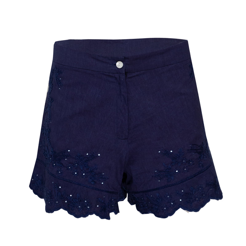 Acid Wash High Waisted Shorts With Tonal Embroidery Indigo