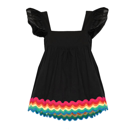 Baby Doll Top with Rainbow Ric Rac Trim - Lined Black/Rainbow Bright