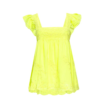 Baby Doll Top with Tonal Embro - Lined Neon Yellow - Top