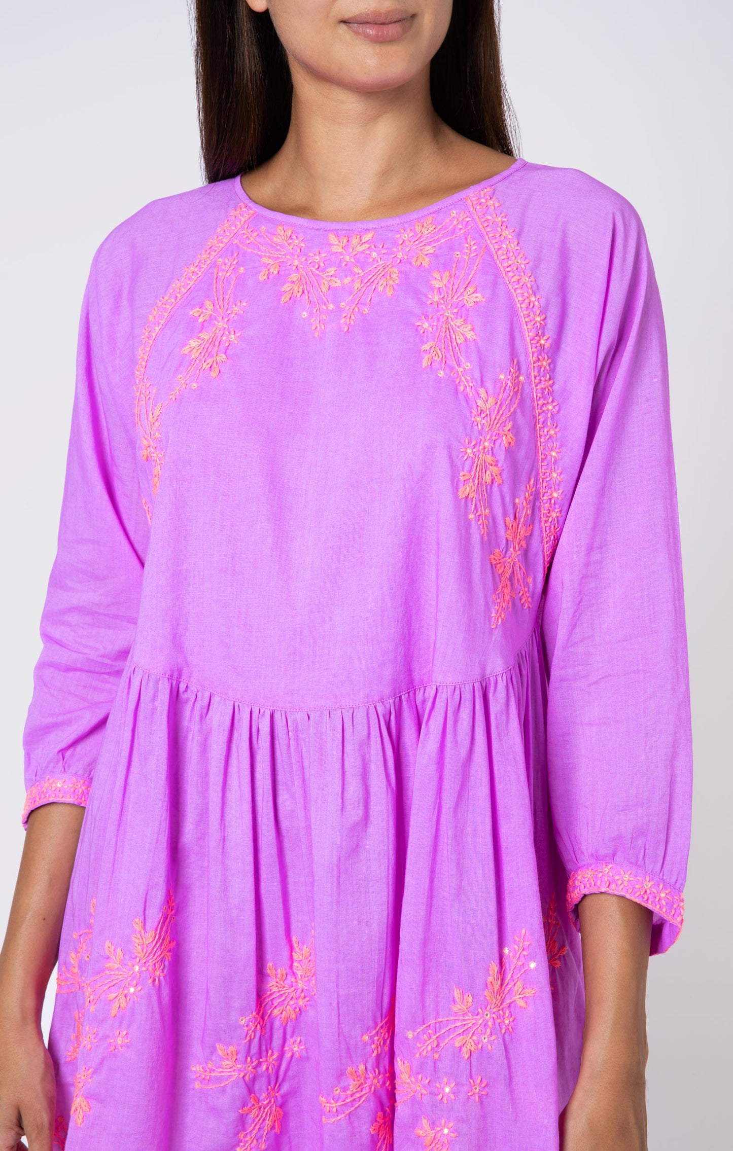 Load image into Gallery viewer, Batwing Dress W/Contrast Lotus Embro - L Violet/Neon Peach - Dress
