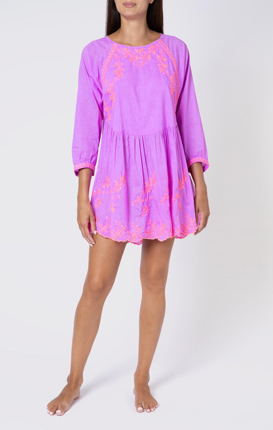 Batwing Dress W/Contrast Lotus Embro - L Violet/Neon Peach