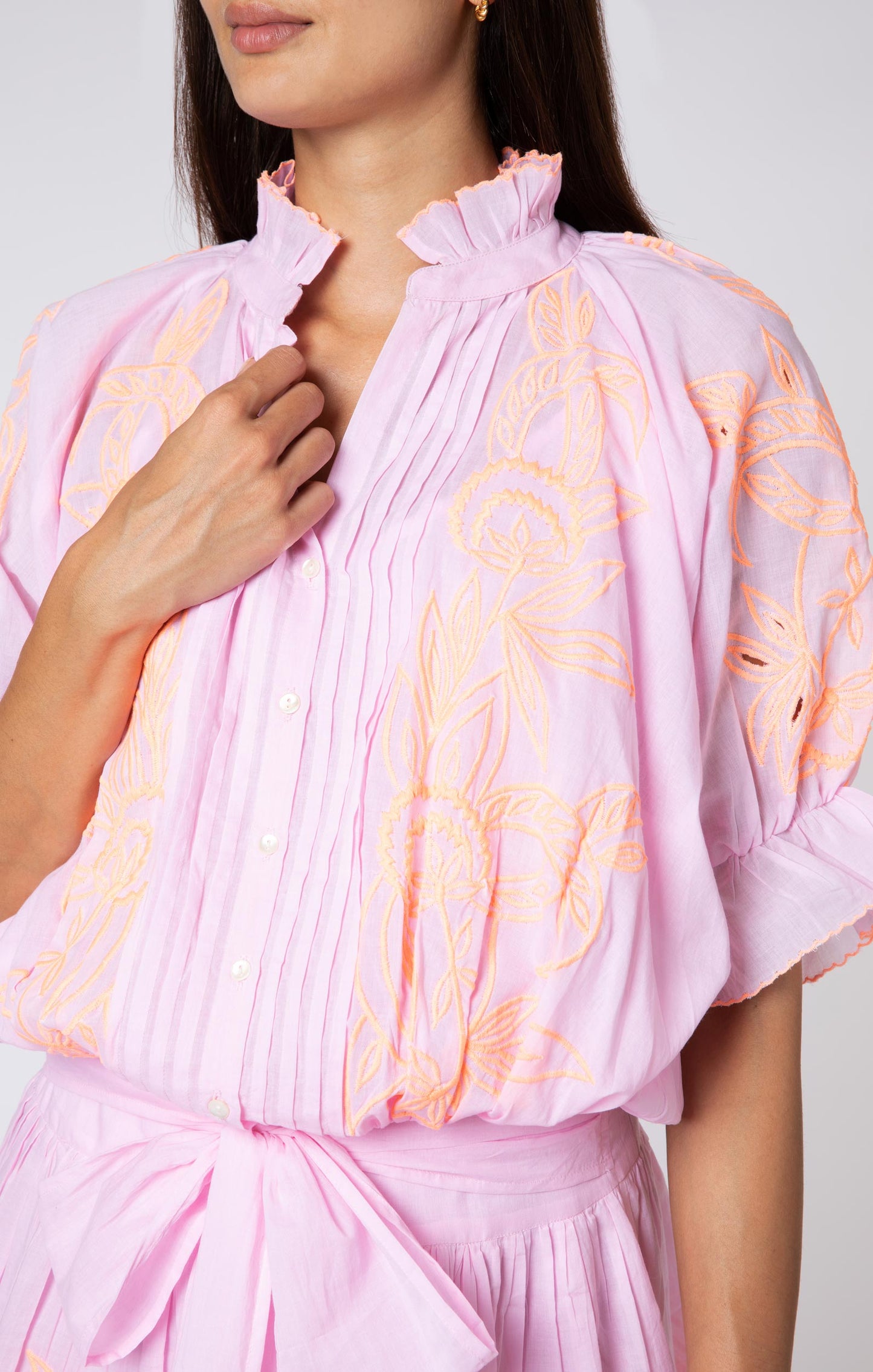 Load image into Gallery viewer, Contrast Cut Out Embro Blouson Dress - With Slip Pale Pink/Neon Peach - Dress
