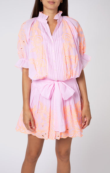 Contrast Cut Out Embro Blouson Dress - With Slip Pale Pink/Neon Peach - Dress