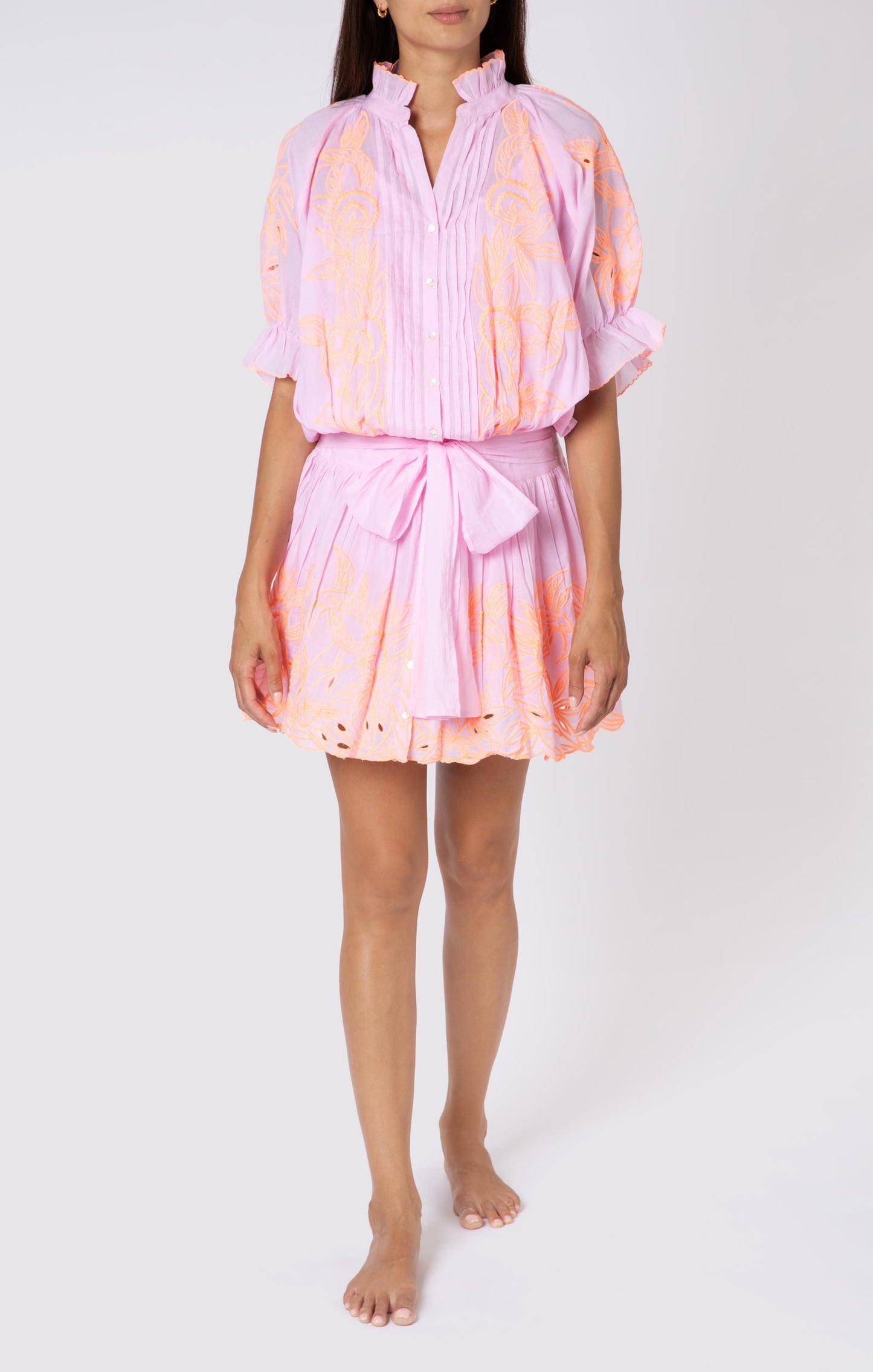 Load image into Gallery viewer, Contrast Cut Out Embro Blouson Dress - With Slip Pale Pink/Neon Peach - Dress
