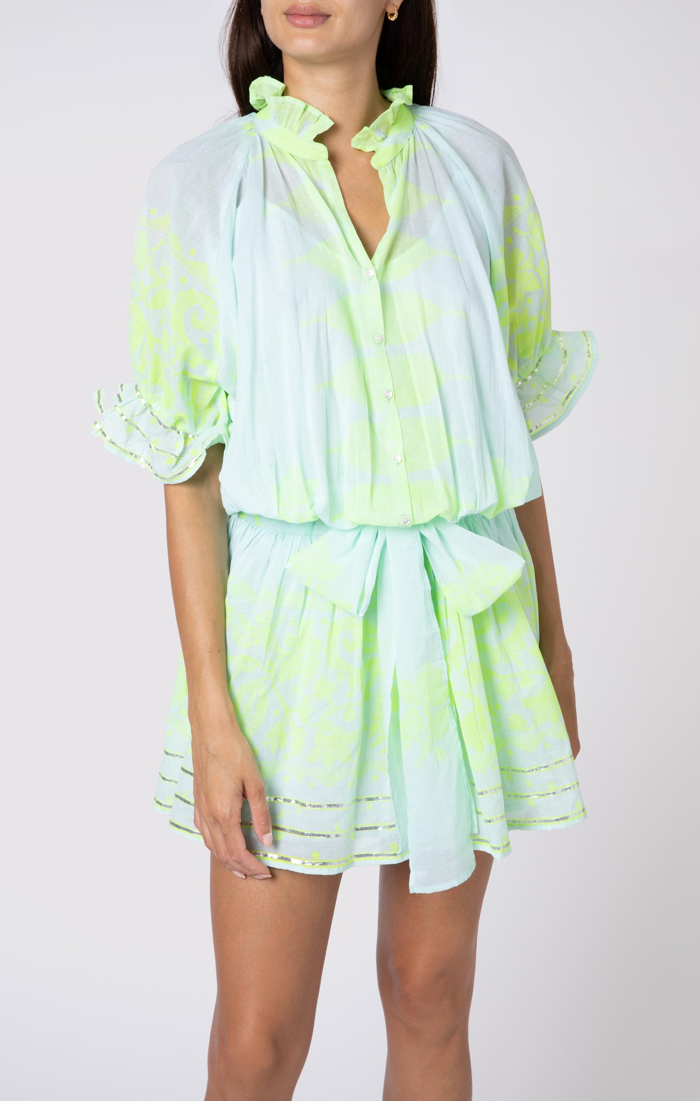 Load image into Gallery viewer, Blouson Dress With Dhaka Print &amp;amp; Silver Trim W/Slip Aqua/Neon Yellow - Dress
