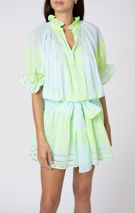 Load image into Gallery viewer, Blouson Dress With Dhaka Print &amp;amp; Silver Trim W/Slip Aqua/Neon Yellow - Dress
