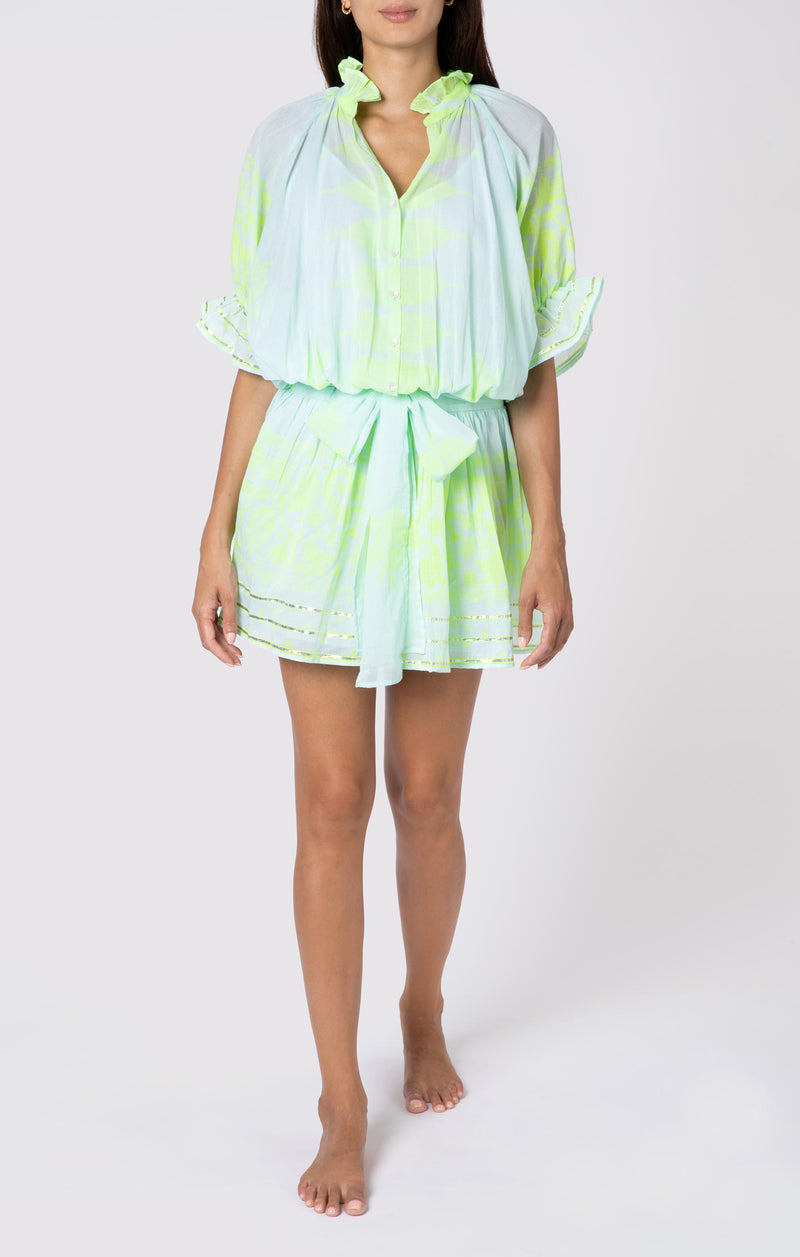 Blouson Dress With Dhaka Print & Silver Trim W/Slip Aqua/Neon Yellow