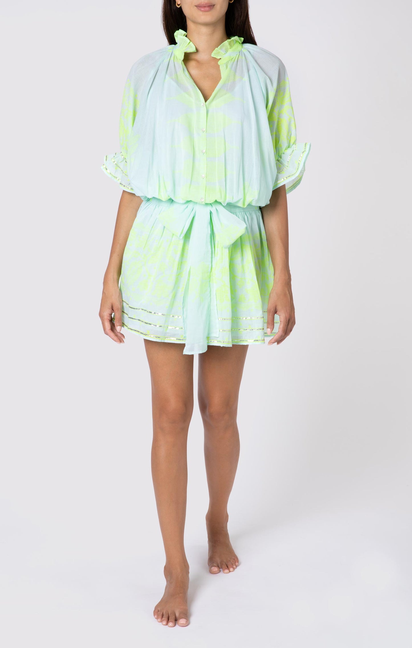 Load image into Gallery viewer, Blouson Dress With Dhaka Print &amp;amp; Silver Trim W/Slip Aqua/Neon Yellow - Dress
