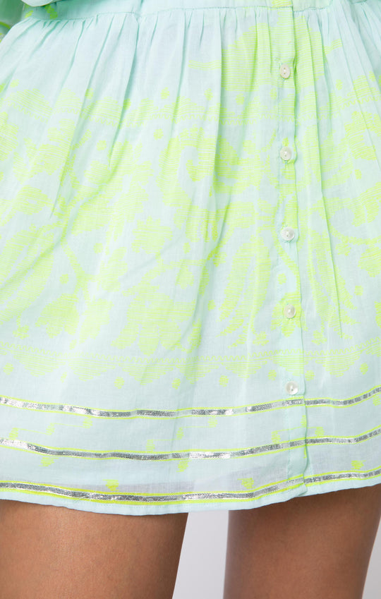 Blouson Dress With Dhaka Print & Silver Trim W/Slip Aqua/Neon Yellow