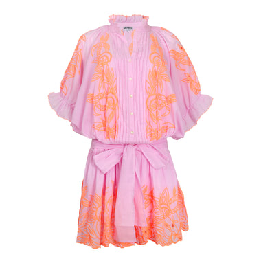 Contrast Cut Out Embro Blouson Dress - With Slip Pale Pink/Neon Peach - Dress