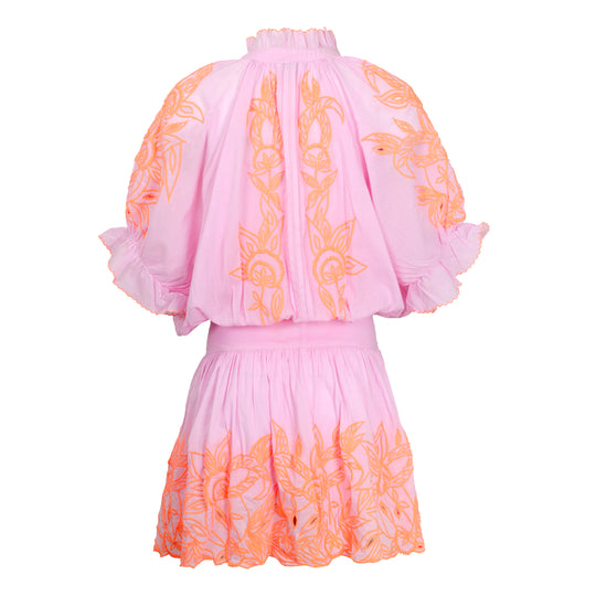 Contrast Cut Out Embro Blouson Dress - With Slip Pale Pink/Neon Peach