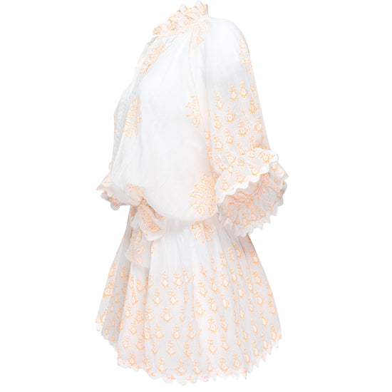 Blouson Dress With Rose Block & Ric Rac Trim With Slip Pale Neon Orange/White