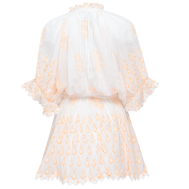 Blouson Dress: Rose & Ric Rac Trim with Neon Orange Slip - Dress