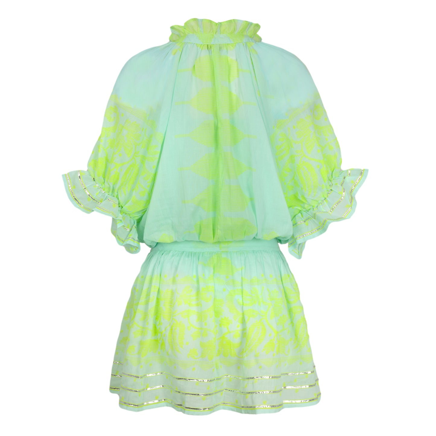 Load image into Gallery viewer, Blouson Dress With Dhaka Print &amp;amp; Silver Trim W/Slip Aqua/Neon Yellow - Dress
