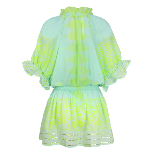 Load image into Gallery viewer, Blouson Dress With Dhaka Print &amp;amp; Silver Trim W/Slip Aqua/Neon Yellow - Dress
