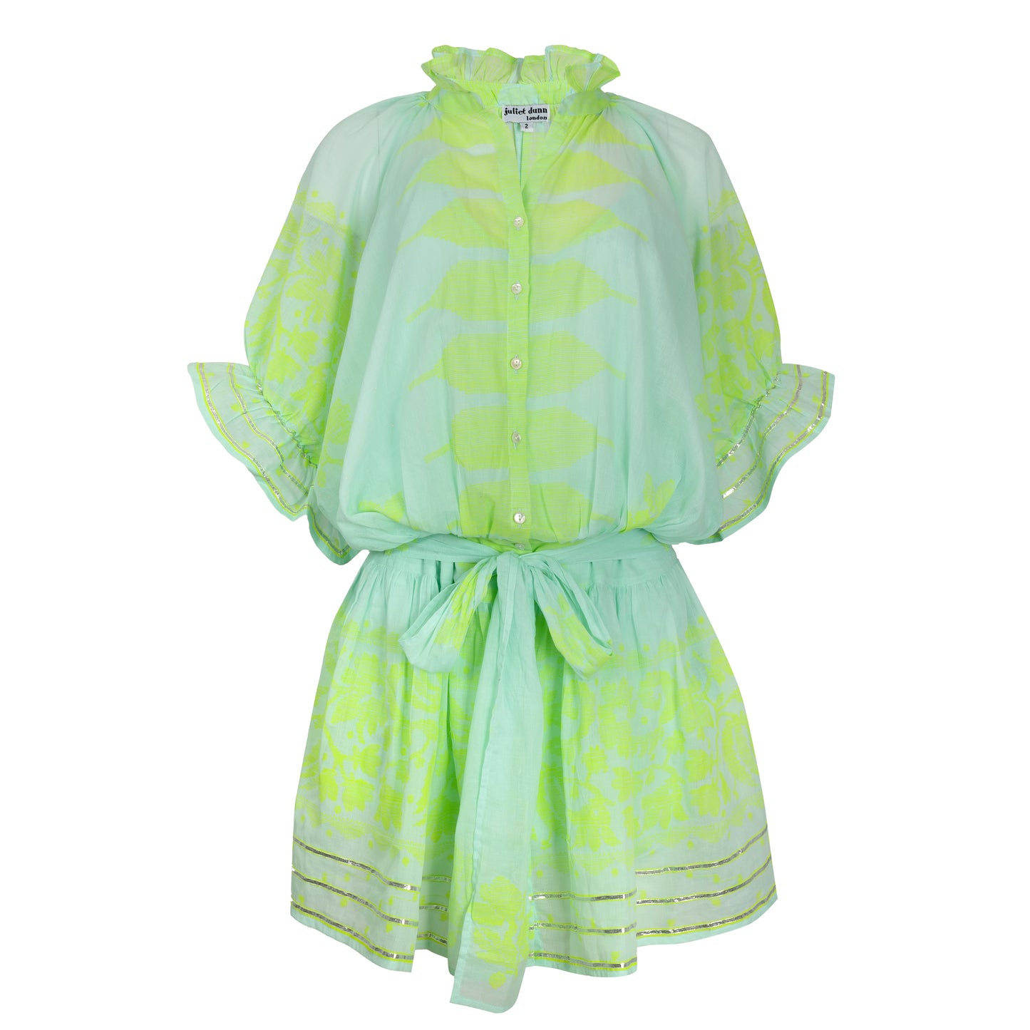 Load image into Gallery viewer, Blouson Dress With Dhaka Print &amp;amp; Silver Trim W/Slip Aqua/Neon Yellow - Dress

