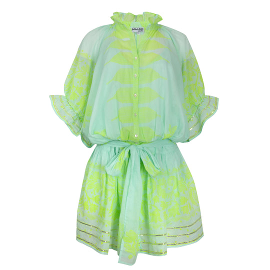 Load image into Gallery viewer, Blouson Dress With Dhaka Print &amp;amp; Silver Trim W/Slip Aqua/Neon Yellow - Dress
