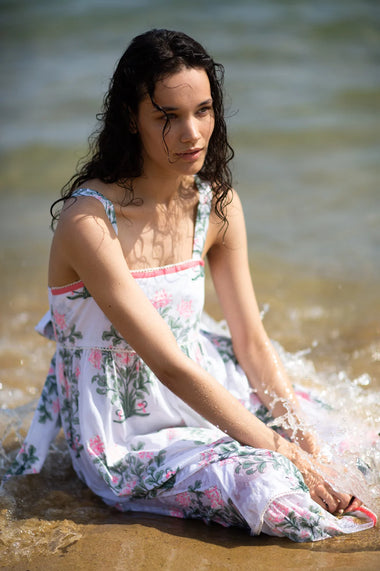 Sash Bow Back Midi Dress In Japanese Flower Print White/Coral/Sage - Dress