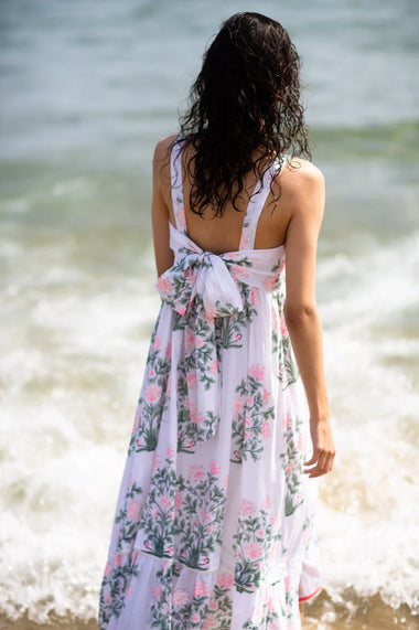 Sash Bow Back Midi Dress In Japanese Flower Print White/Coral/Sage - Dress