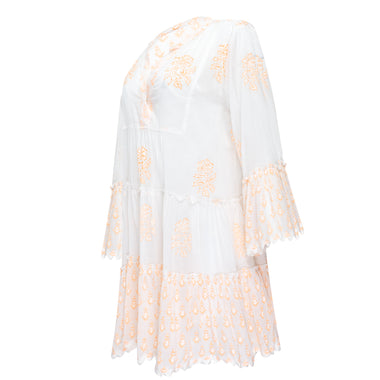 Flared Sleeve Dress With Rose Block Print & Ric Rac Pale Neon Orange/White - Dress