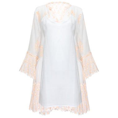 Flared Sleeve Dress With Rose Block Print & Ric Rac Pale Neon Orange/White - Dress