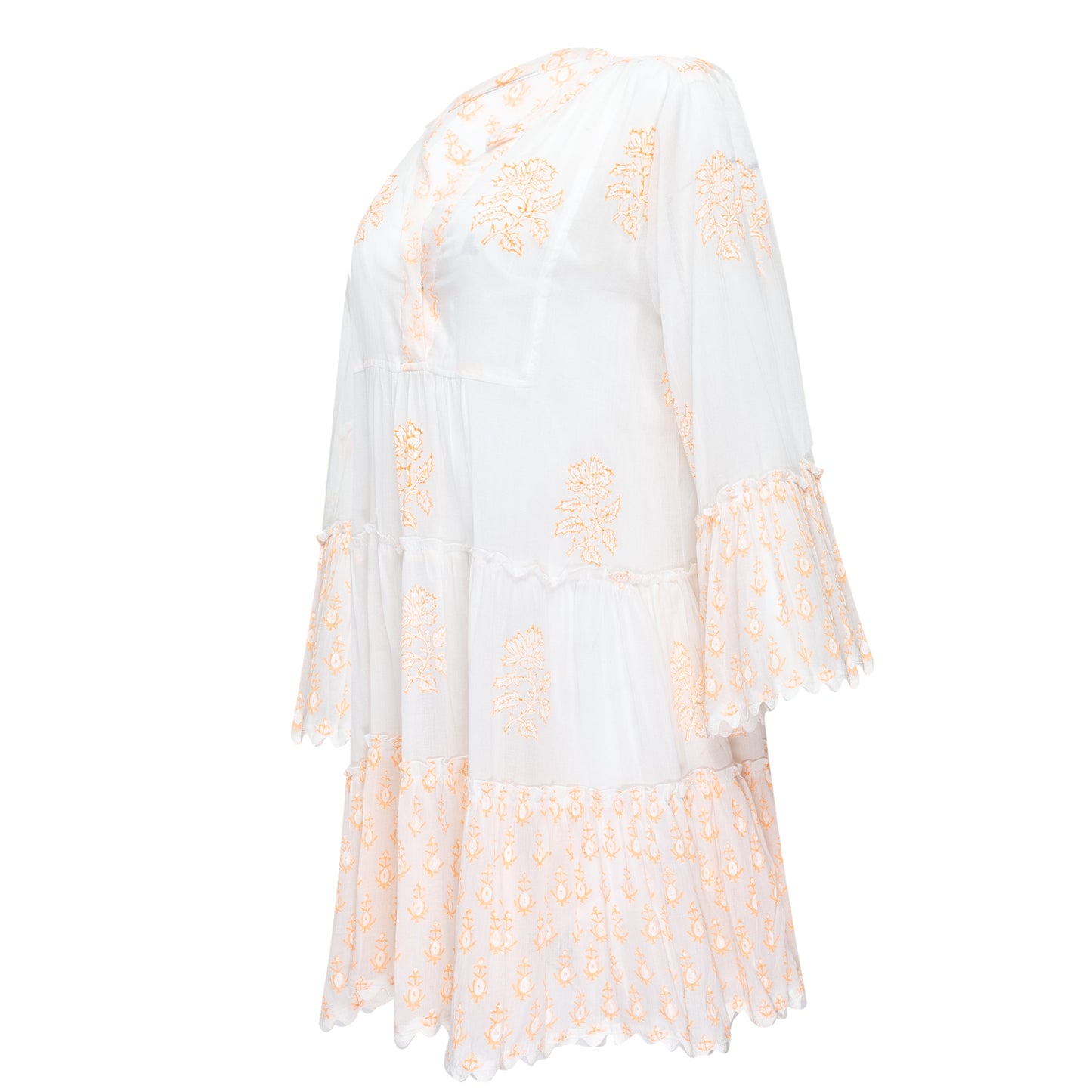 Load image into Gallery viewer, Flared Sleeve Dress With Rose Block Print &amp;amp; Ric Rac Pale Neon Orange/White - Dress
