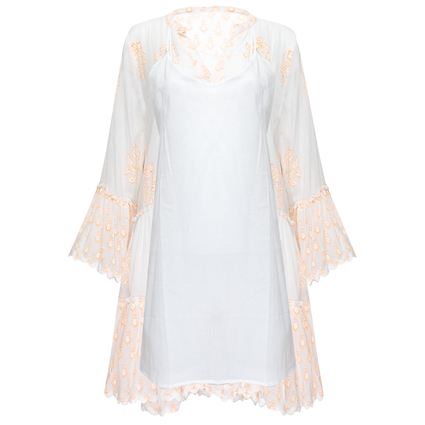 Load image into Gallery viewer, Flared Sleeve Dress With Rose Block Print &amp;amp; Ric Rac Pale Neon Orange/White - Dress
