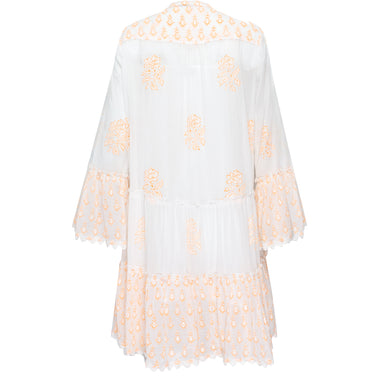 Flared Sleeve Dress With Rose Block Print & Ric Rac Pale Neon Orange/White - Dress