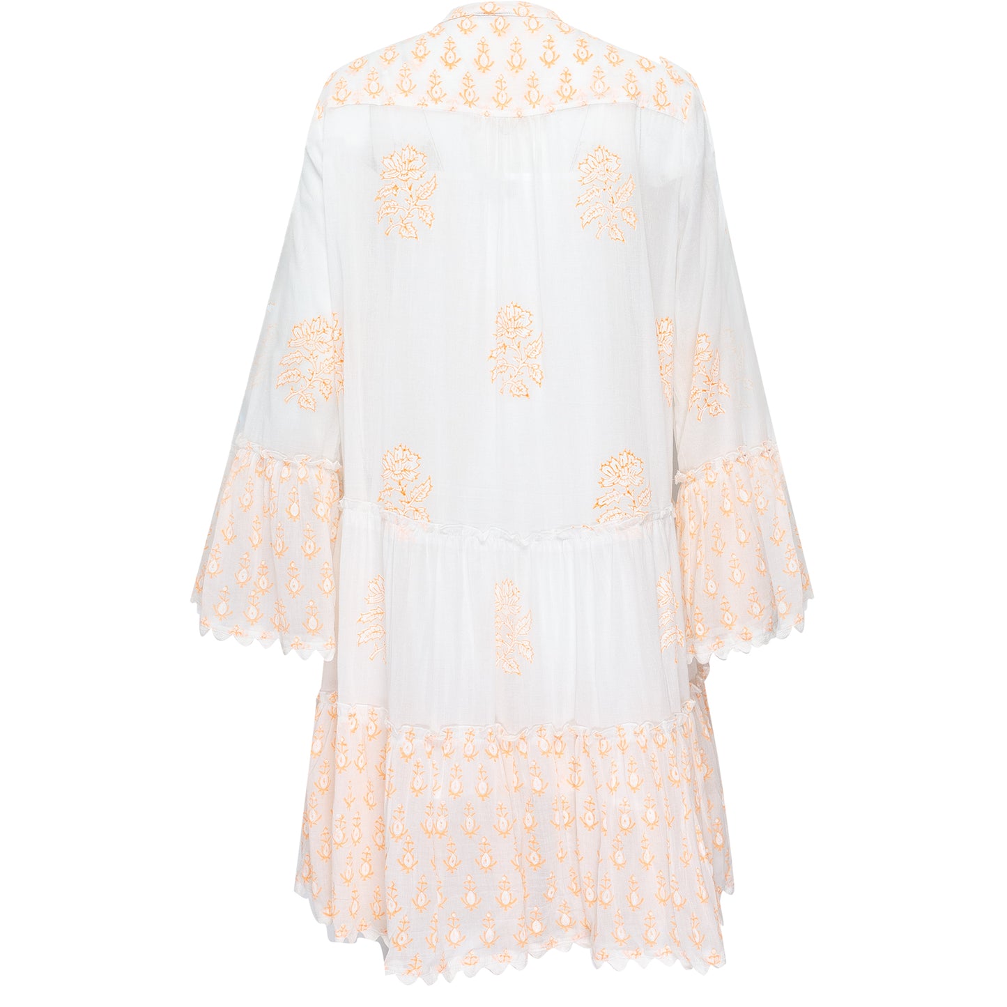 Load image into Gallery viewer, Flared Sleeve Dress With Rose Block Print &amp;amp; Ric Rac Pale Neon Orange/White - Dress
