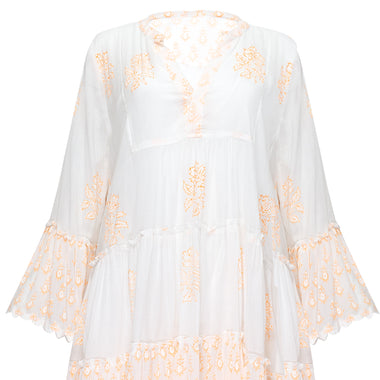 Flared Sleeve Dress With Rose Block Print & Ric Rac Pale Neon Orange/White - Dress