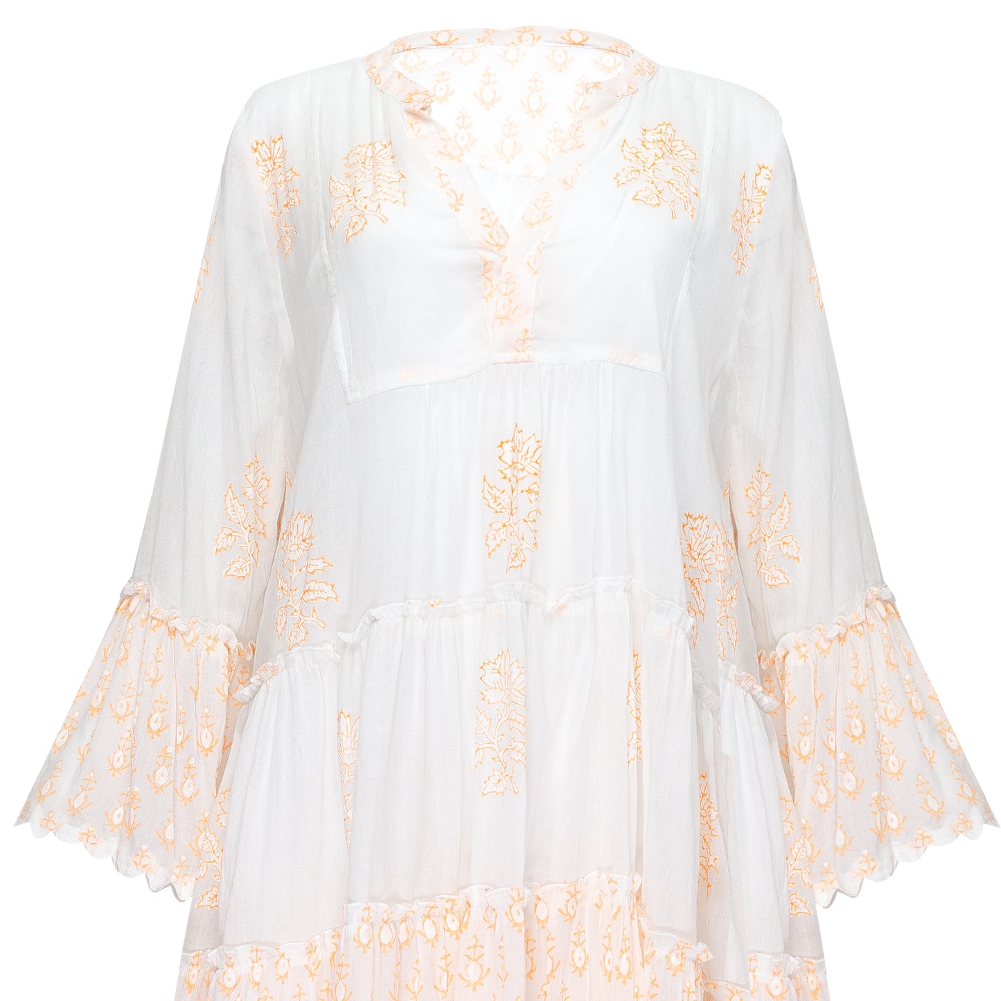 Load image into Gallery viewer, Flared Sleeve Dress With Rose Block Print &amp;amp; Ric Rac Pale Neon Orange/White - Dress
