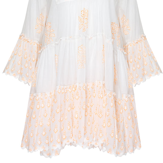 Flared Sleeve Dress With Rose Block Print & Ric Rac Pale Neon Orange/White