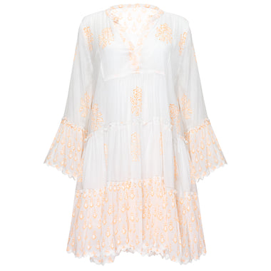 Flared Sleeve Dress With Rose Block Print & Ric Rac Pale Neon Orange/White - Dress