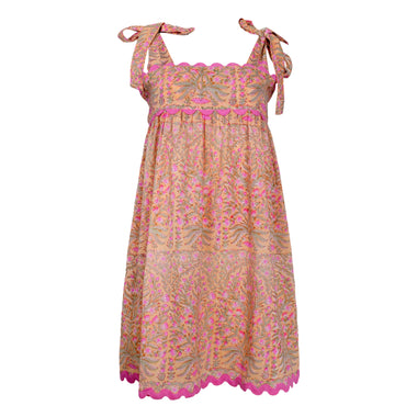 Floral Print Tie Baby Doll Dress W/Ric Rac Trim Peach/Pink - Dress