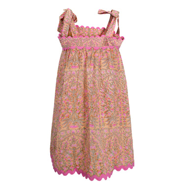 Floral Print Tie Baby Doll Dress W/Ric Rac Trim Peach/Pink - Dress