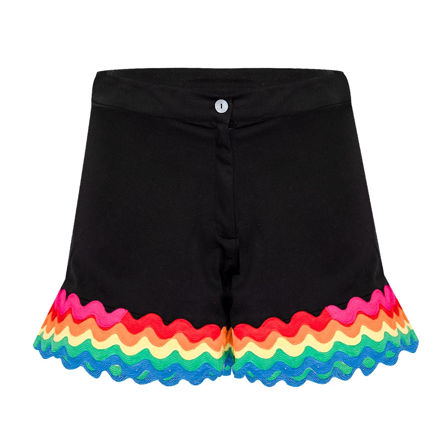 Load image into Gallery viewer, Rainbow High Waisted Shorts: Black with Vibrant Trim - Shorts
