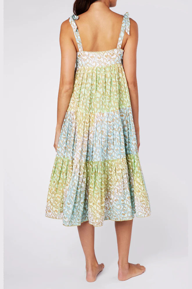 Tie Dye 70's Sun Dress With Snow Leopard Print Green Lime/Turq